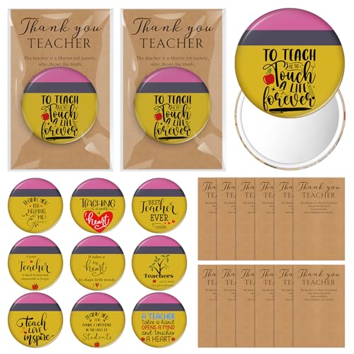 Pinkunn 40 Sets Teacher Appreciation Mirrors Best Teacher Ever Inspirational Pocket Mirror with Cards Party Supplies Employee Thank You Gifts for Staff School Supplies (Pencil)