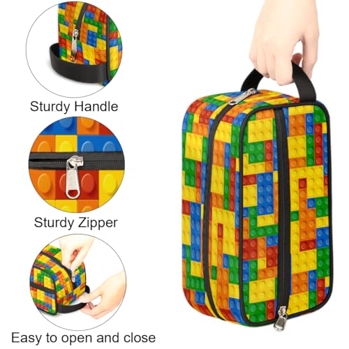 Kids Travel Toiletry Bag - Colorful Building Blocks Waterproof Hanging Cosmetic Hygiene Bags for Boys Men - Large Shave Kit for Toiletries Accessories Bathroom Stuff