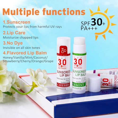 SPF 30 Sunscreen Lip Balm, Bulk Travel Size - 32 Pack, Hydrating with Vitamin E & Coconut Oil - 8 Flavors