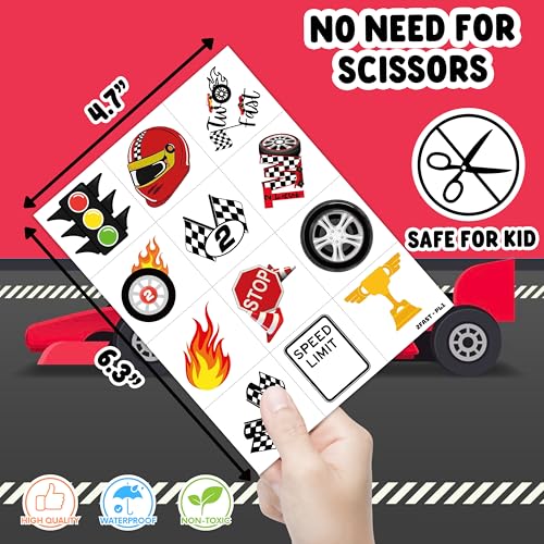 96 PCS Two Fast Race Car Pre-CutTemporary Tattoos Stickers Theme 2nd Birthday Party Decorations Favors Supplies Decor 2 Fast Racing Checkered Tattoo Sticker Gifts For Boys Girls School Prizes