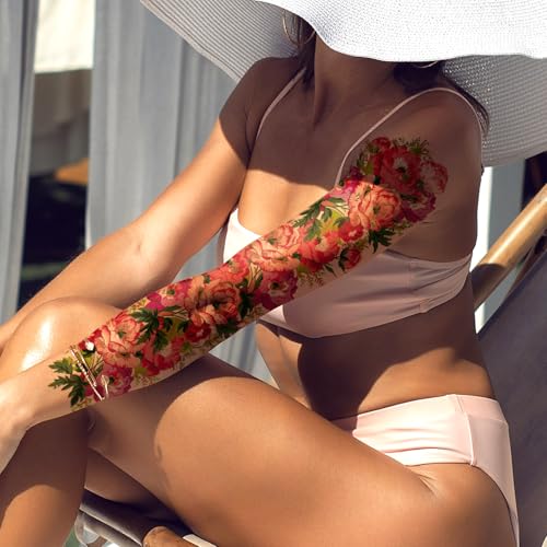 Christmas 8 Sheets Full Arm Temporary Tattoos for Adults, Waterproof Realistic Flower Bird Feather Fake Sleeve Tattoos For Women Men, Tiger Fish Tattoo Set Hand Body Art for Party Celebration Cosplay