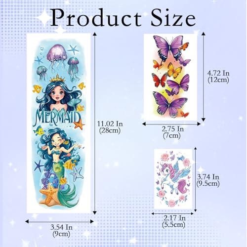 52pcs Temporary Tattoos for Kids, Full Arm Sleeve Tattoos with Mermaid Unicorn Truck Dinosaur Rocket Animals Plants Body Face Fake Arm Tattoos Stickers for Grils Boys Gift Party Supplies