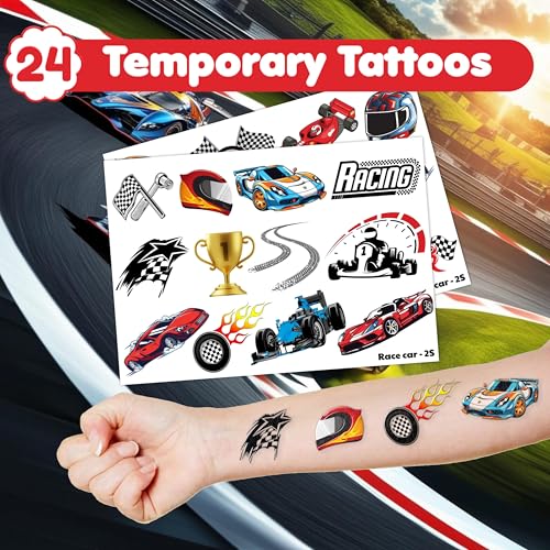 48PCS Race Car Party Set - 24PCS Temporary Tattoos & 24PCS Slap Bracelets - Racing-Themed Birthday Supplies, Baby Shower Gifts, Classroom Rewards & Party Decor for Kids (Boys & Girls)