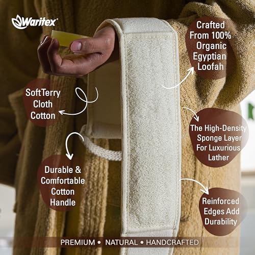Waritex Natural Egyptian Loofah Back Scrubber for Shower, Extra-Long Exfoliating Strap Made with Natural Egyptian Loofah Fibers, Deep Cleaning Body Sponge for Men and Women ? Soft Cotton Handles