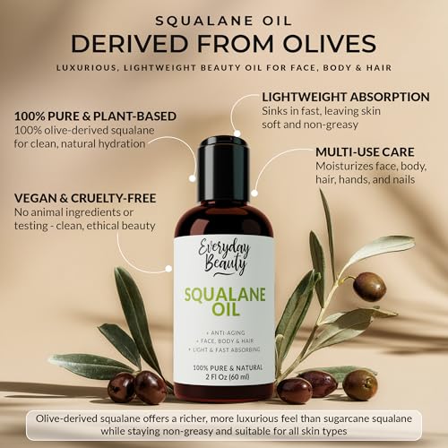 Squalane Oil - 100% Pure & Natural Plant Derived Facial Oil 2 Fl Oz - Cold Pressed and Unrefined Premium Grade Multipurpose Moisturizing Oil for Skin and Hair (Pack of 2)