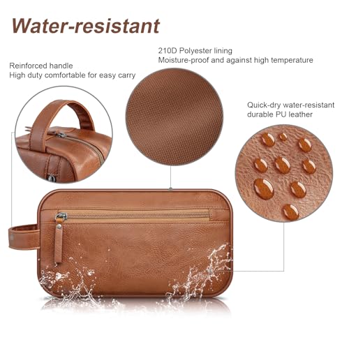 Travel Toiletry Bag for Men and Women, Travel Shaving Dopp Kit Water-resistant Bathroom Toiletries Organizer PU Leather Cosmetic Bags (Dark Brown)