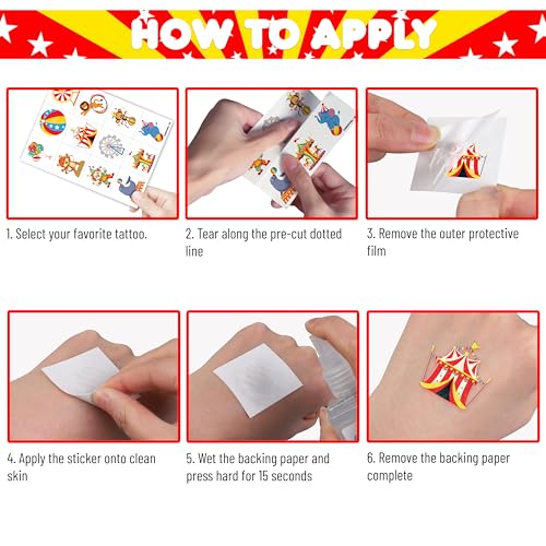96PCS Carnival Circus Clown Pre-Cut Temporary Tattoos for Kids | Super Cute Themed Birthday Party Favors, Supplies, Decorations, Animal Fake Tattoo Stickers (Multiple)