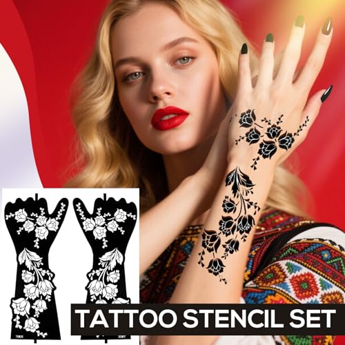 10 Sheets Temporary Tattoo Stencils - Henna Tattoo Stencil Kit, Self-Adhesive Indian Arabian Templates for Hand and Body Paint - New Designs, Temporary Tattoo Stickers