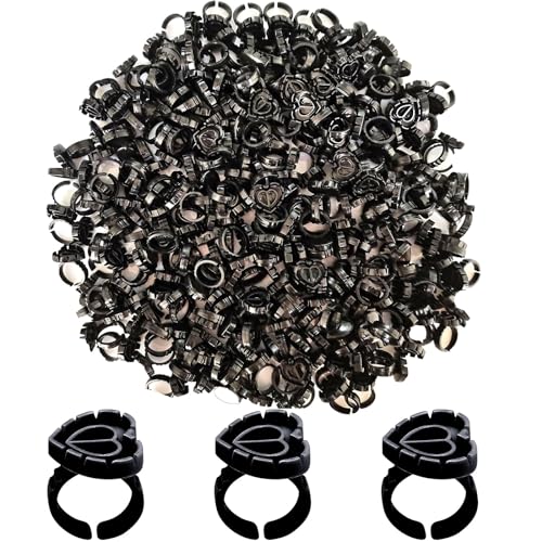 600PCS Glue Rings Lash Rings for Glue, Smart Glue Rings Holder for Eyelash Extensions, Disposable Rings for Lashes, Lovely Shape Lash Fan Blossom Glue Holder Cups for Lash Extension Supplies, Black