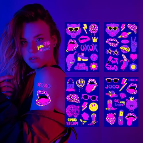 4 Sheets Glow in The Dark Temporary Tattoos for Kids Adults Waterproof Neon UV Blacklight Body Face Flash Fake Tattoo Stickers Rave Party Supplies (Multicolor-3)