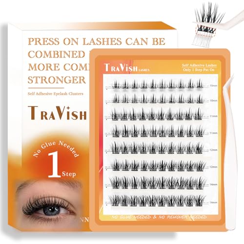 Travish Self Adhesive Eyelashes 10-14mm 80pcs D Curl No Glue Lashes Extensions Kit with Tweezers Press on Lashes No Glue Lash Clusters Natural Look Self Adhesive Lash Clusters