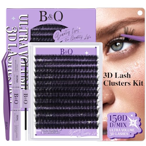 B&Q Volume Lash Clusters Kit 280PCS Lash Extension Kit Thick 3D Wispy DIY Eyelash Extension Set with Individual Lashes, Lash Bond and Remover,Tweezers(150D)