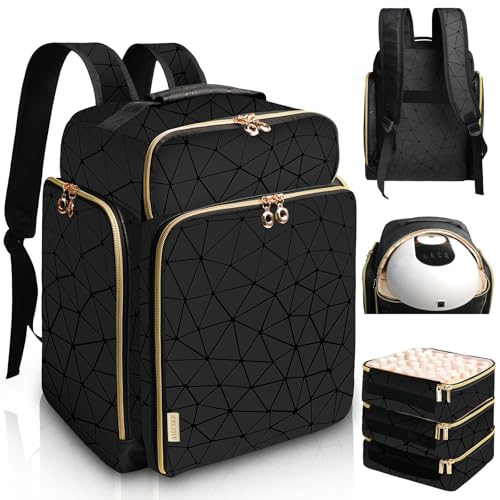 Nail Polish Organizer Backpack Holds 126 Bottles& Nail Lamp, Extra Large Nail Kit Supplies Organizer Bag with 3 Removable Cases, Portable Nail Organizers and Storage for Trave (Elegant Black)