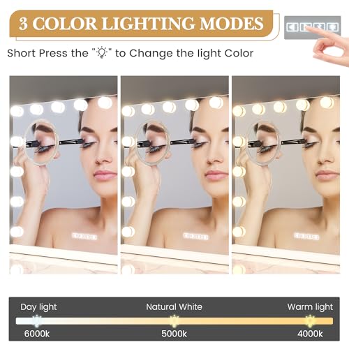 Vanity Mirror with Lights and Bluetooth, Makeup Mirror with 15 Dimmable LED Bulbs/USB Charging/Smart Touch/3 Colors Dimmable/10X Magnification/360¡Æ Rotation, Desktop&Wall Mount, Bedroom&Dressing Room