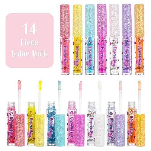 Expressions girl 14pc Fruity Flavored Lip Gloss Set - Lip Gloss in Assorted Fruity Flavors, Non Toxic Makeup for Kids & Teens
