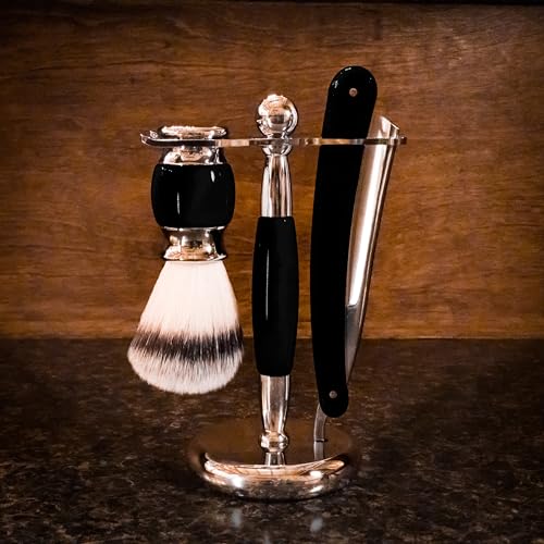 Union Razors SS5 Black Three Piece Straight Shave Kit with Razor, Brush and Stand with Wood Handles