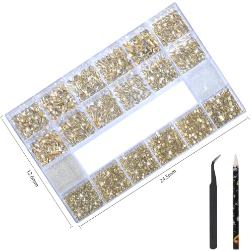 Nail Rhinestones - 3D Multiple Shape Size Gems, Champagne Gold, Manicure Beads, Pearls, Flatback Crystals Rhinestones, with Kit, for Nail Art Decor