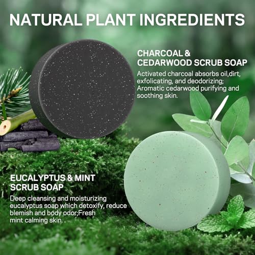 Exfoliating Body Scrub Soap Bar, 2 Pack Eucalyptus & Charcoal Soaps, Dead Sea-Salt Exfoliating Soap for Men & Women, Detox Cleansing, Smooth & Soften Skin