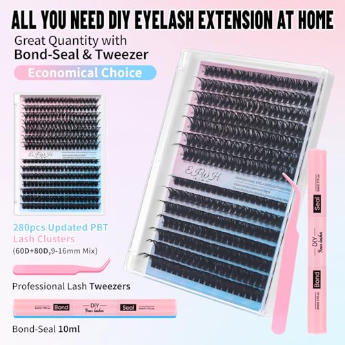DIY Lash Extension Kit Volume Lash Clusters 60D+80D D Curl Individual 280 pcs Lashes Lash Clusters Kit Thick Eyelash Extension Kit Lash Bond Seal Lash Tweezers (60D&80D, Lash Kit)