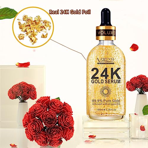 24K Gold Serum for Face,Skin Brightening Anti Aging Face Serum Moisturizer with Vitamin C,Hyaluronic Acid & Argan Oil for Dark Spots & Fine Lines,Korean Skin Care Glow Collagen Booster