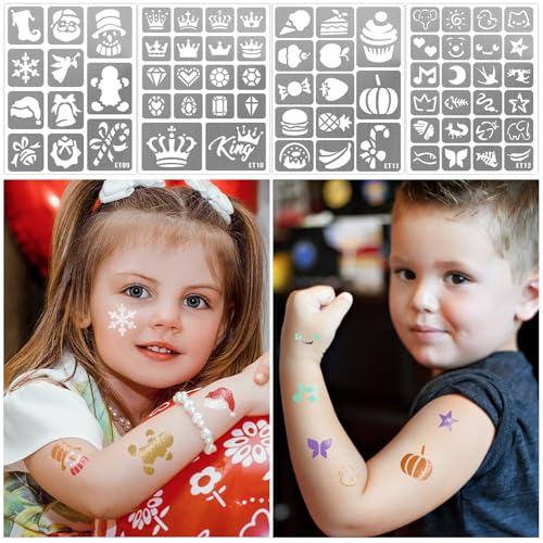 183 PCS Face Paint Stencils for Kids, Boys Girls Face Stencils Temporary Tattoo Stencils, Glitter Tattoo Stencil Stickers for Kid School Show Birthdays New Years Party, Face Paint Stencils Reusable