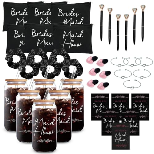 42 pcs Bridesmaid gifts bridesmaid proposal gifts, Maid of Honor Gifts contain 16oz Glass Cups Cosmetic Makeup Bags Invited Cards Scrunchies Hair Knotted Bracelets Diamond Pens love clip (Black )