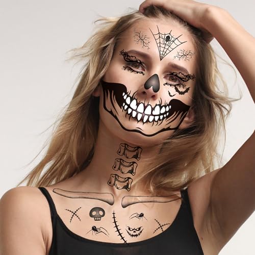 Halloween Face Eye Tattoo Stickers Black Butterfly Eye Shadow Devil Face Skeleton Mouth Spider Web Temporary Tattoo Stickers for Makeup Halloween Masquerade Carnival Party Face Decoration 14 Sheets