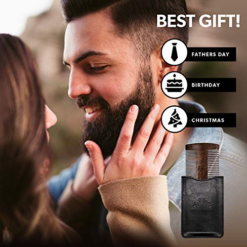 White Naturals Beard Comb for Men, Wooden Natural Sandalwood, Fine Dual Action Teeth, Handmade Premium Sandal Wood, Perfect for Balms and Oils, Includes PU Leather Case, Pocket Size