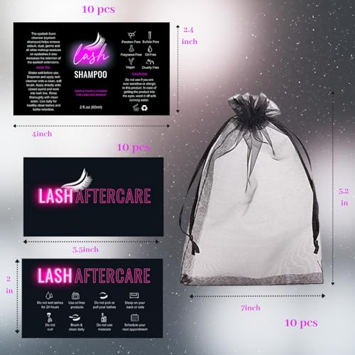 60 Pcs Lash Shampoo Bottle Brushes Kit 10 Empty Foam Pump Dispensers 10 Bath Label Stickers & Care Cards 10 Mascara Wands 10 Cleansing Brush 10 Bag for Eyelash Extensions Aftercare Branding (Black)