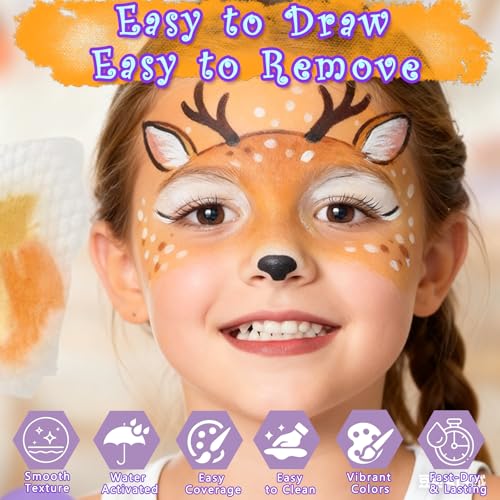 Water Activated Face Paint Professional Kit, Water Based Face Painting kit for kids, 42 Color Non-Toxic Face Paint Palette with Tattoo Stencils, Gems, Brushes for Parties, Carnival, Festivals