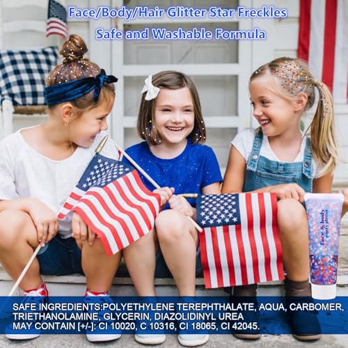 Go Ho 4th of July Outfits for Women&Kids Glitters Makeup,Red White and Blue Face Body Glitter,Fourth of July Accessories,Holographic Patriotic Chunky Glitter Freckles Star for Independence Day