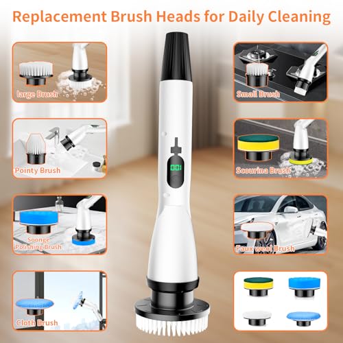 11 in 1 Electric Spin Scrubber Cordless Cleaning Brush 3 Adjustable Angles 2 Adjustable Speeds LED Display Shower Cleaner Brush Supplies Extension Long Handle for Bathroom Floor Tile Toilet Waterproof