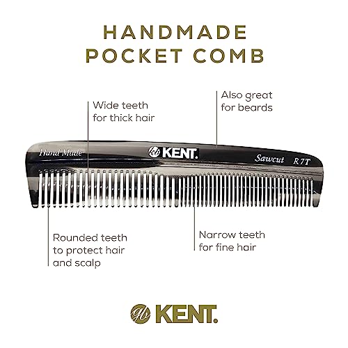 Kent R7T Black Graphite Fine Tooth and Wide Tooth Hair Comb - Handmade Pocket Comb for Men, Best Beard and Mustache Comb for Everyday Grooming, Sawcut made in England