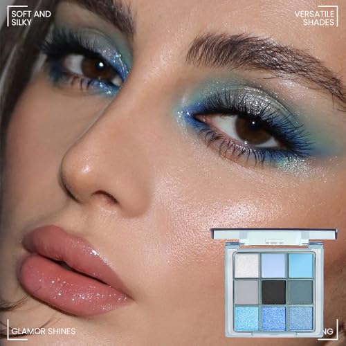 Light Blue Eyeshadow Palette, Matte & Shimmer Glitter Blue Shadow for Eye Makeup, High Pigmented White Gray Black Green Powder Palet de sombras de ojos, Cruelty Free