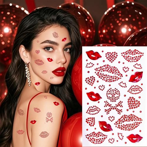 NOOEPC Red Face Gems Self-Adhesive Face Jewels, Red Face Glitter Lip Hair Gems, Festival Kiss Stickers, Face Rhinestone Stickers for Makeup, Eye, Hair, Body, Rave Accessories