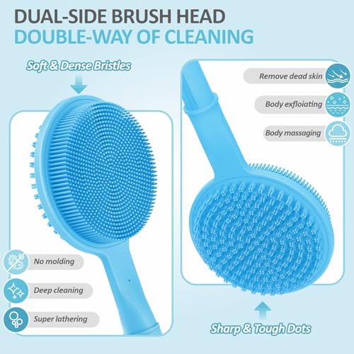 Adjustable Silicone Back & Face Scrubber Set, 16''-24'' Extendable Shower Back Scrubber with Dual-Side Head and Lathering Bristles, Manual Face Scrubber with Soft Bristles Non-Slip Handle(Blue)