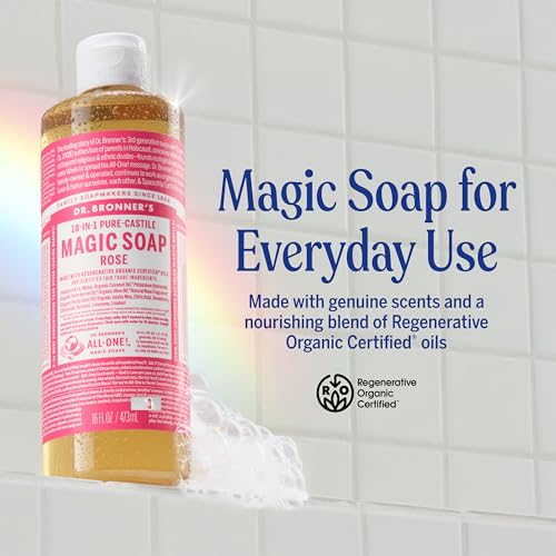Dr. Bronner's Pure-Castile Magic Liquid Soap (Rose, 32 Ounce, 2-Pack)- Made with Regenerative Organic Certified Oils, 18-in1 Uses: Face, Hair, Hand & Body Soap, Laundry, Pets- Concentrated, Vegan