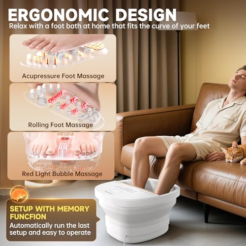 Collapasible Foot Spa Bath Massager with Heat, Pedicure Foot Spa with Bubbles and Jets/Timer/Temperature Control, Feet Soak Tub for Home, Office, Relaxation and Stress Relief (White)