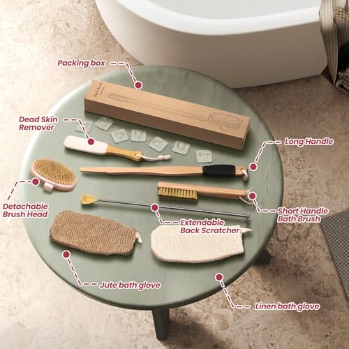 Wood Bath Brush,Long Handle Body Back Scrubber with Soft and Natural Bristles Antiskid Shower Brush Set for Bathroom Wet or Dry Exfoliating (6 Pack) (19.3''Long Handle)