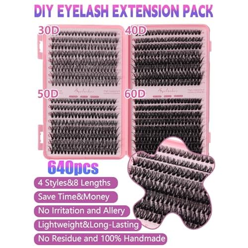 Lash Clusters Kit 640 Pcs, Eyelash Clusters Extensions Kit with Bond Glue & Remover, 9-16mm Individual Lashes D Curl Fluffy Wispy False Eyelashes (30D+40D+50D+60D Kit)