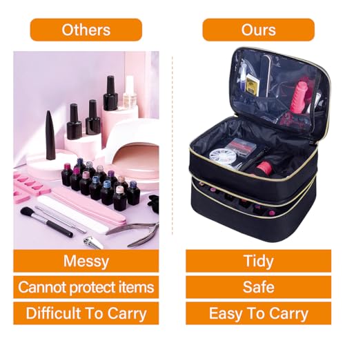 Nail Polish Organizer Bag Double Layer Capacity Portable Travel Storage Case Holds 30 Bottles (15 ml/0.51 floz) Nail Supplies Holder Bag Designed for Nail Tools Black