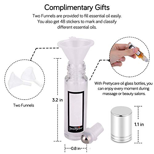 PrettyCare Set of 60, 10 ml Essential Oil Roller Bottles with Stainless Steel Roller Ball - Bulk Refillable Leak-proof Empty Clear Glass Roll on Bottles with Silver Metal Caps for Travel, Perfume