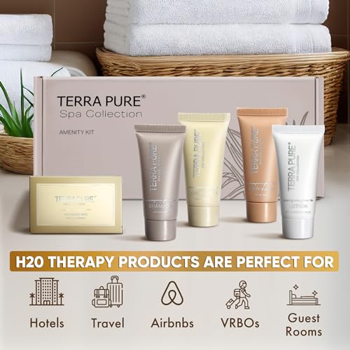 Terra Pure Spa Collection Amenity Kit | Hotel Bulk Toiletries | 0.85 oz Shampoo, Conditioner, Lotion, Body Wash, Massage Bar for Guest Hospitality Vacation Rentals | 15 Sets/Case
