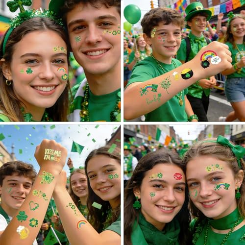 160pcs St Patricks Day Temporary Tattoos Glitter Shamrock Face Tattoos Clover Body Stickers for Irish Party Favors Parades Accessories Saint Patricks Day Decorations(st160)