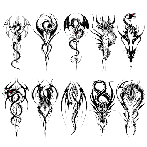 AWLEE Dragon Temporary Tattoos, 10 Sheets Large Realistic Waterproof Fake Tattoos for Men & Women ? Body Chest Arm Festival Party Music Event