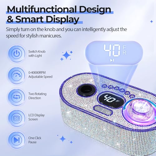 Electric Nail Drill Professional: Shiny 40000RPM Electric Nail File Kit E File Nail Drill Machine with LCD Display for Acrylic Gel, Manicure Pedicure Polishing Grinder for Salon Home, Diamond