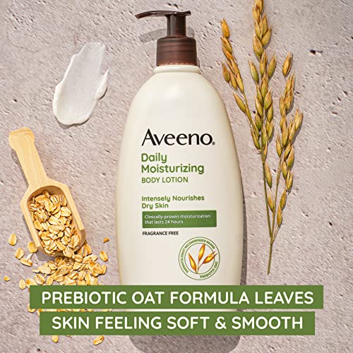 Aveeno Daily Moisturizing Body Lotion with Soothing Prebiotic Oat, Gentle Lotion Nourishes Dry Skin With Moisture, Paraben-, Dye- & Fragrance-Free, Non-Greasy & Non-Comedogenic, 12 fl. Oz (Pack of 2)