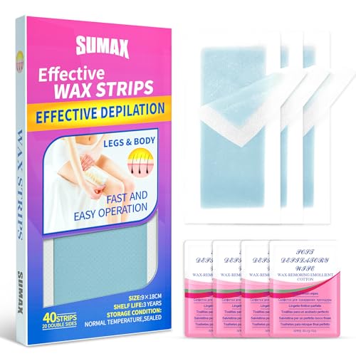 SUMAX Wax Strips Bikini Hair Removal, 40 Face Wax Strips for Women, Waxing Strips Body Hair Removal, 20 Double Sided Bikini Line Wax Strips with 6 Oil Wipes for Women All Skin Types, Blue