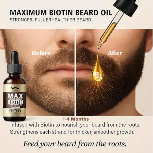 Biotin Beard Oil for Men Set ? 2 Pack Unscented & Sandalwood Beard Oil Blended with Castor & Grape Seed Oil for Thicker, Softer, Moisturizing Beard ? Gift for Father, Husband, Boyfriend ? 4 oz