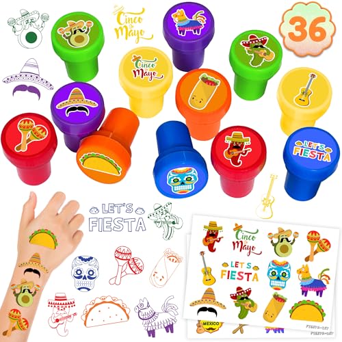 36PCS Fiesta Party Favors - 24PCS Temporary Tattoos & 12PCS Stamps - Ideal Mexican Cinco de Mayo Taco Themed Birthday Card Decorations Supplies Goodie Bag Cute Rewards for Boys Girls Kids Gifts Prizes